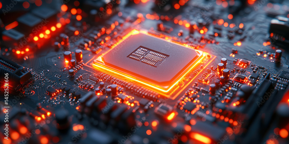 Poster exploring advanced photorealistic technology in a high-tech circuit board environment