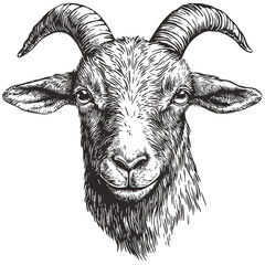 Goat Head hand drawn illustration, vintage woodcut engraving style, black sketch, trendy animal art, rustic farm animal drawing, antique livestock vector, horned goat, traditional etching style,