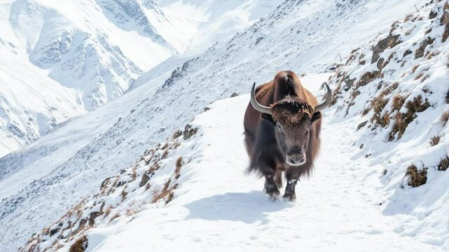 A lone yak with impressive horns strides confidently along a snow-covered mountain