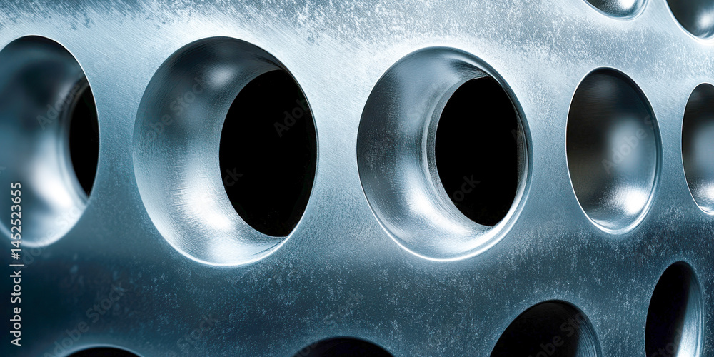 Poster close-up view of a metallic surface with intricate hole patterns, showcasing photorealistic texture 