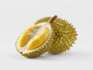 Obraz premium Product photography, a cut-open durian on a white background, PNG format, realistic, hyper-realistic, ultra-detailed, ultra-high definition, high resolution, 20K