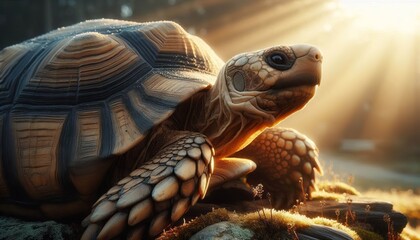 Naklejka premium A wise old tortoise basking in the warmth of early morning sunli