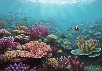 Fototapeta premium Vibrant Underwater Coral Reef Scene with Colorful Fish