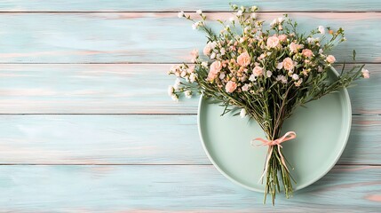 Elegant floral arrangement on a mint plate indoor setting minimalist decor style