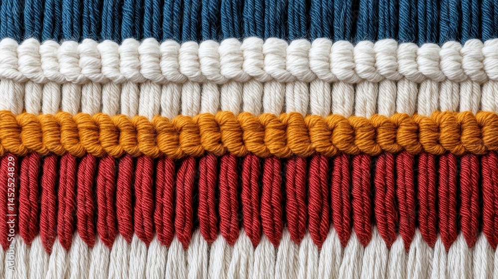 Poster textured macrame close-up with colorful yarn and twisted design