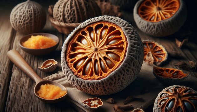 Bael Fruit The rough gray brown skin hides a fibrous orange fles