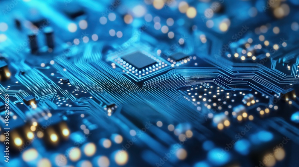 Poster Close-up of electronic microchip on a luminous circuit board with detailed connections