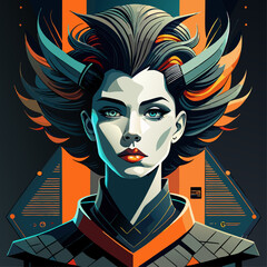 A woman with long hair and a red lipstick is shown in a black and orange background. The woman's hair is styled in a way that makes her look like a warrior or a warrior princess. The image has a bold
