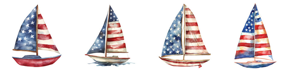 Patriotic Sailboats Watercolor American Flag Sailboats Clipart isolated on transparent background