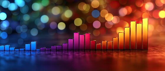 Colorful ascending bar graph on reflective surface with bokeh background, representing growth