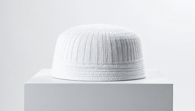 Traditional White Kufi Hat Mockup on Pedestal