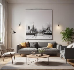 Bright living room, stylish poster displayed with clips,  artwork,  display