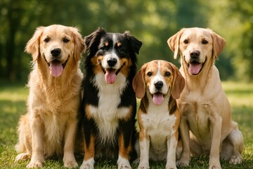 Happy dogs sitting together outdoors.