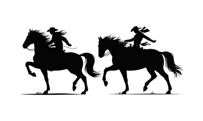 Silhouette of Two Cowgirls Riding Horses at Sunset
