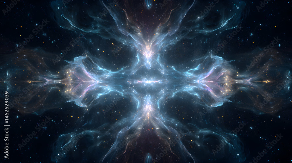Poster cosmic alignment displays ethereal nebulous shapes bathed in luminescent light and distant stars