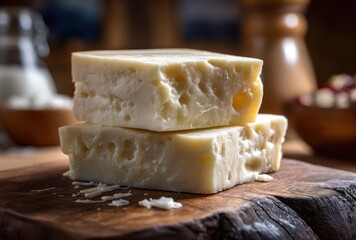 Two Blocks of Fresh Cheese on Wooden Cutting Board with Rustic Background and Soft Lighting Ideal for Culinary and Food Photography Projects