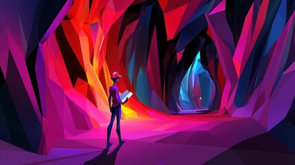 A person explores a vibrant, polygonal cave