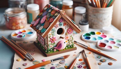 Naklejka premium A small birdhouse decorated with stickers and paint
