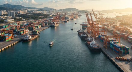 Aerial View of a Busy Cargo Port at Sunset