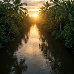 Obraz premium Sunset over Tropical Canal with Palm Trees