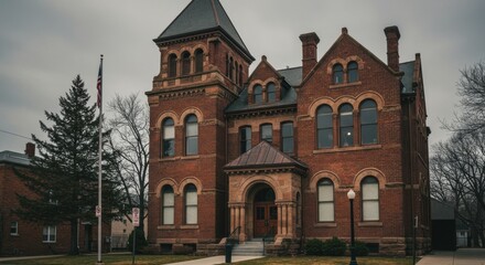 Obraz premium Red Brick Historical Building Exterior on an Overcast Day