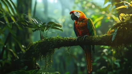 Obraz premium A colorful parrot resting on a mossy branch, its feathers glowing against the backdrop of vibrant