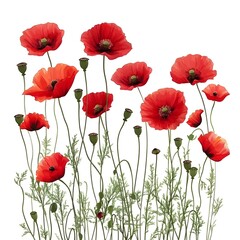 Fototapeta premium Vibrant red poppy flowers blooming in a sunny garden during springtime with green stems and leaves adding contrast to the bright petals
