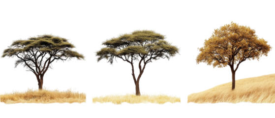 Acacia and autumn trees with dry grass on isolated background, natural landscape with warm colors