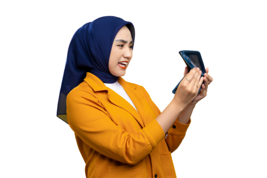Shocked young Asian woman looking at her empty wallet, searching for cash isolated on transparent background