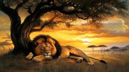 A tranquil scene of a lion peacefully napping under an acacia tree, with the savanna lit by the warm glow of a setting sun.