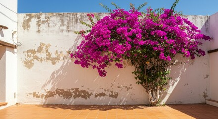 Vibrant Pink Bougainvillea Blooming Against White Wall