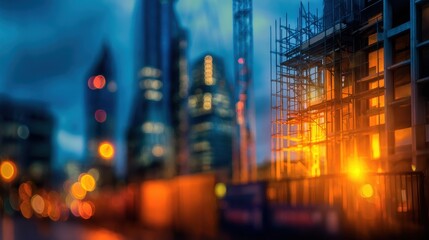 Urban construction site at dusk with glowing lights and blurred city skyline in background