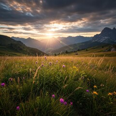 Obraz premium Vibrant Sunset Over Alpine Meadow with Wildflowers