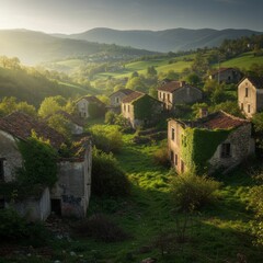 Abandoned Village Overgrown with Vegetation in a Sunlit Valley