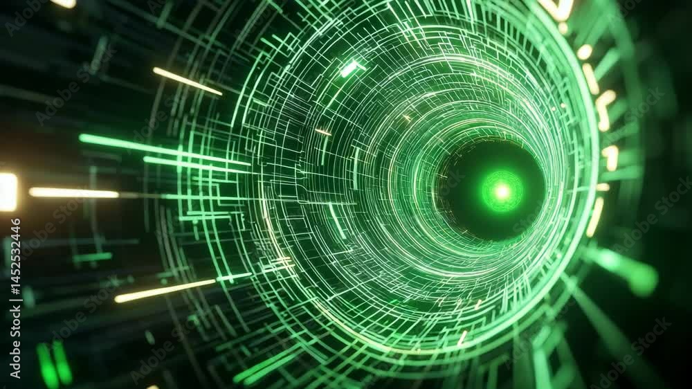 Poster abstract green digital tunnel with futuristic lines and circuits