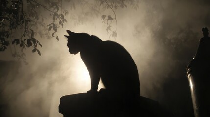 Silhouette of a cat in a foggy, spooky setting