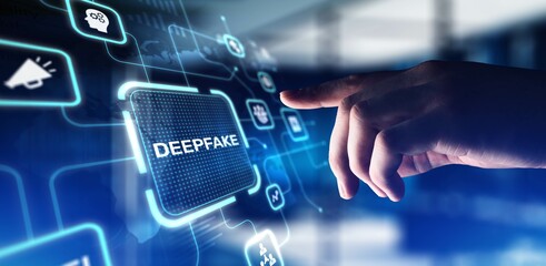 Deepfake Synthetic Media Creation and Manipulation, projection on a virtual screen, Business and Technology Concept.