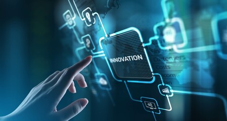 Innovation Driving Business Growth and Technological Advancement, projection on a virtual screen,...