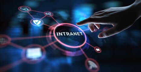 Intranet Enhancing Internal Communication and Collaboration, projection on a virtual screen, Business and Technology Concept.