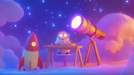 Obraz premium Cute astronaut observing the night sky with a telescope and rocket