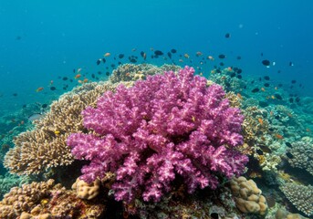 Fototapeta premium Vibrant Pink Coral Reef with Tropical Fish in Blue Ocean