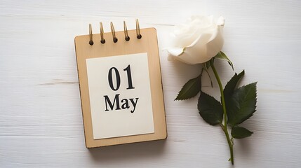 "01 May" on Wooden Notebook with White Rose and Date of May 9th for High-Quality Stock Photo