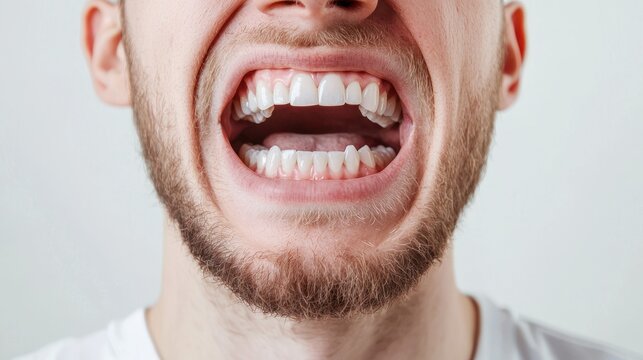 Person wearing a forced smile while internally panicking, white background