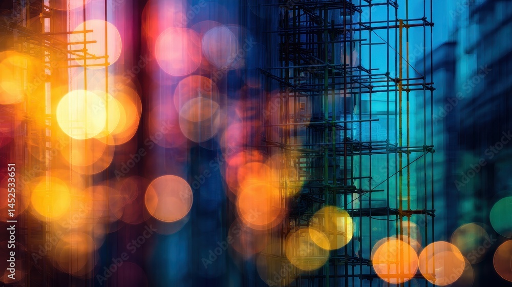 Poster abstract urban construction scene with colorful bokeh lights, scaffolding in the background