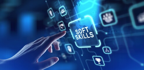 Fototapeta premium Soft Skills Enhancing Communication and Interpersonal Effectiveness, projection on a virtual screen, Business and Technology Concept.