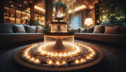 Obraz premium Soft Glow from Indoor Fountain LED lights near a fountain add tr