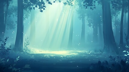 Obraz premium Digital illustration of a misty forest with shafts of sunlight piercing through dense trees.