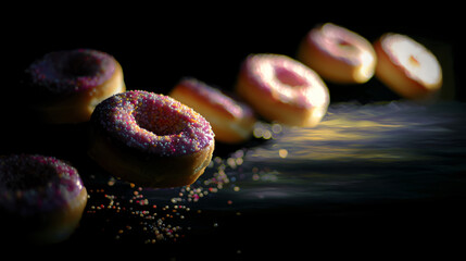 A radical of donuts floating in the air, ready for afters time.
