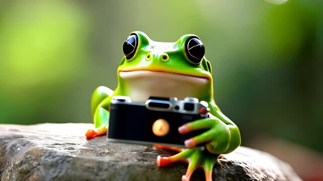 A playful green frog sits comfortably on a rock, taking a selfie with its camera.