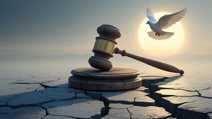 Peaceful dove flying above a Judge gavel symbolizing justice and peace/ gavel with dove